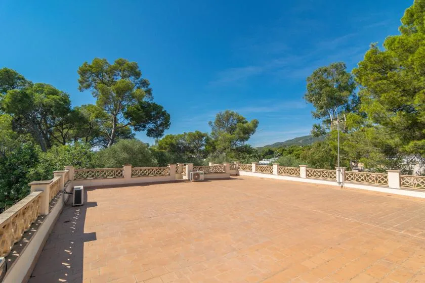 An expansive tiled terrace bordered by decorative railings and trees.