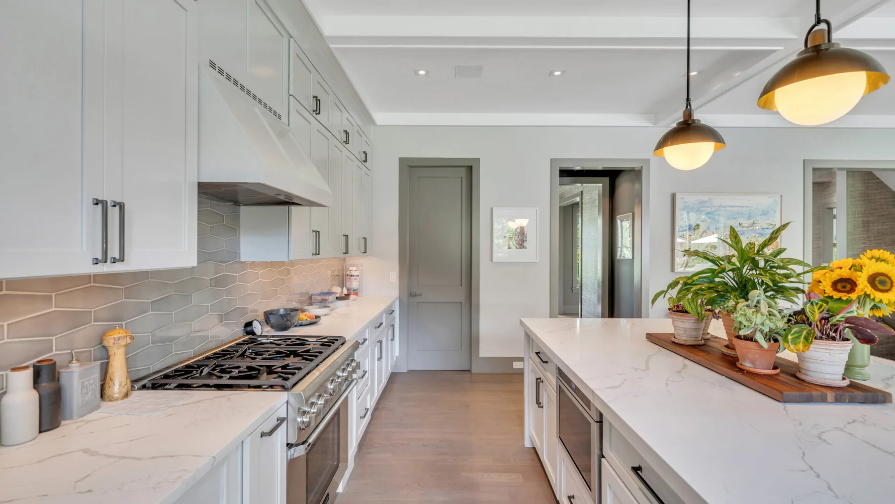 Una cocina luminosa con gabinetes blancos, una isla central y plantas en macetas.