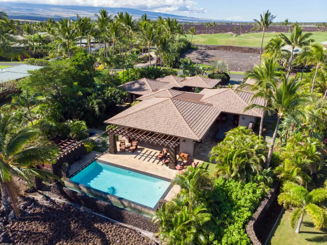 Aerial view of a tropical villa with a swimming pool amid palm trees.