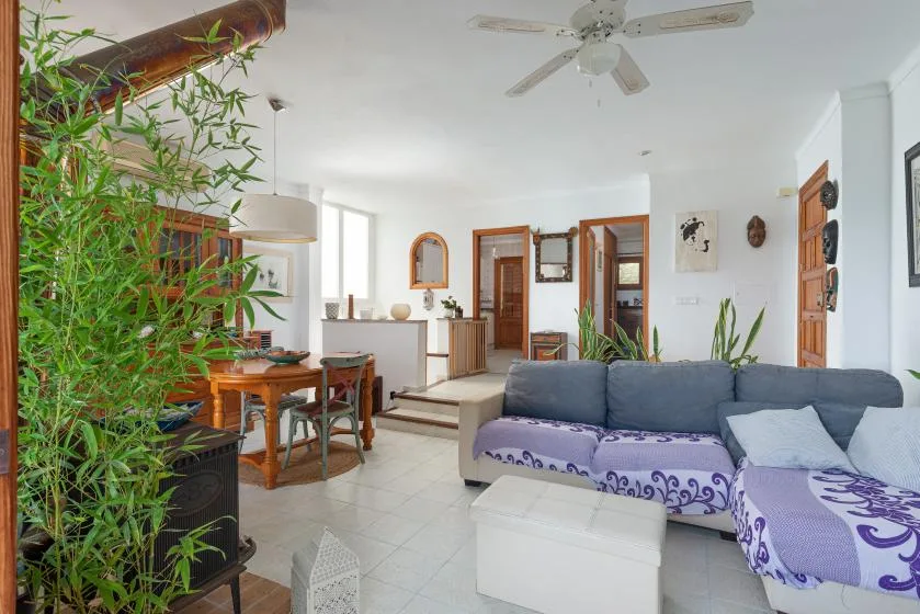 A bright living room with seating, a dining table, and plants.