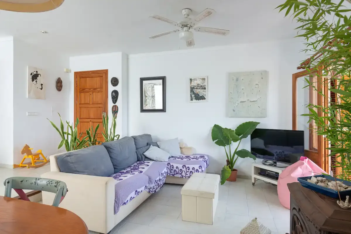 A bright living room with an L-shaped seating area, television, and plants.