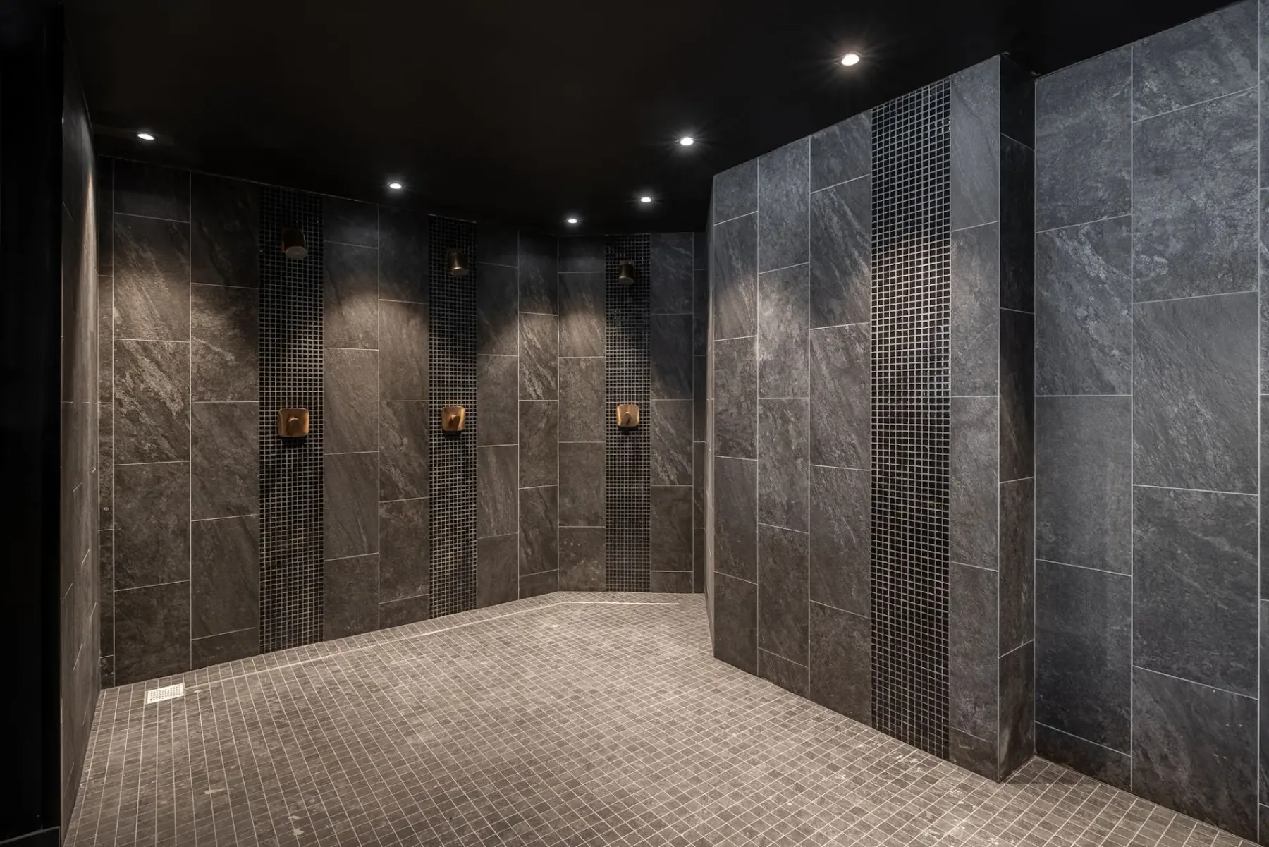 Modern indoor shower area with dark gray tiles, multiple shower heads, and recessed lighting.