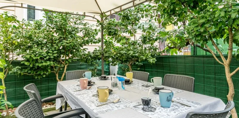 Un comedor exterior cubierto con una mesa preparada entre plantas frondosas.