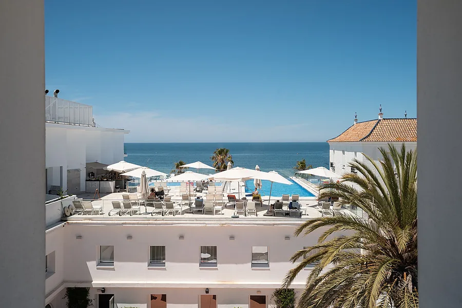 Hotel pool, palm trees and sea views.