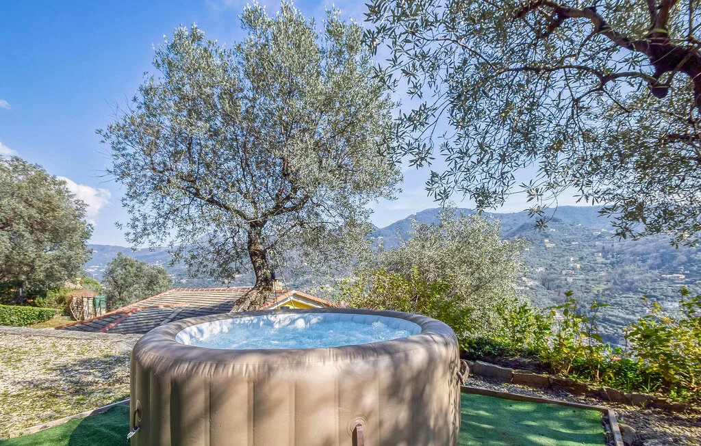 Una bañera de hidromasaje al aire libre está junto a un patio de baldosas con vistas a las montañas.