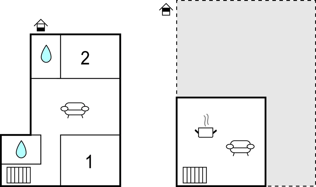Un plano sencillo muestra habitaciones con asientos, un símbolo de baño y una bañera.