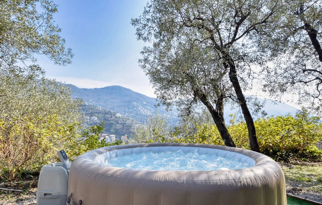 Un jacuzzi al aire libre está entre árboles, con vistas a un paisaje montañoso.