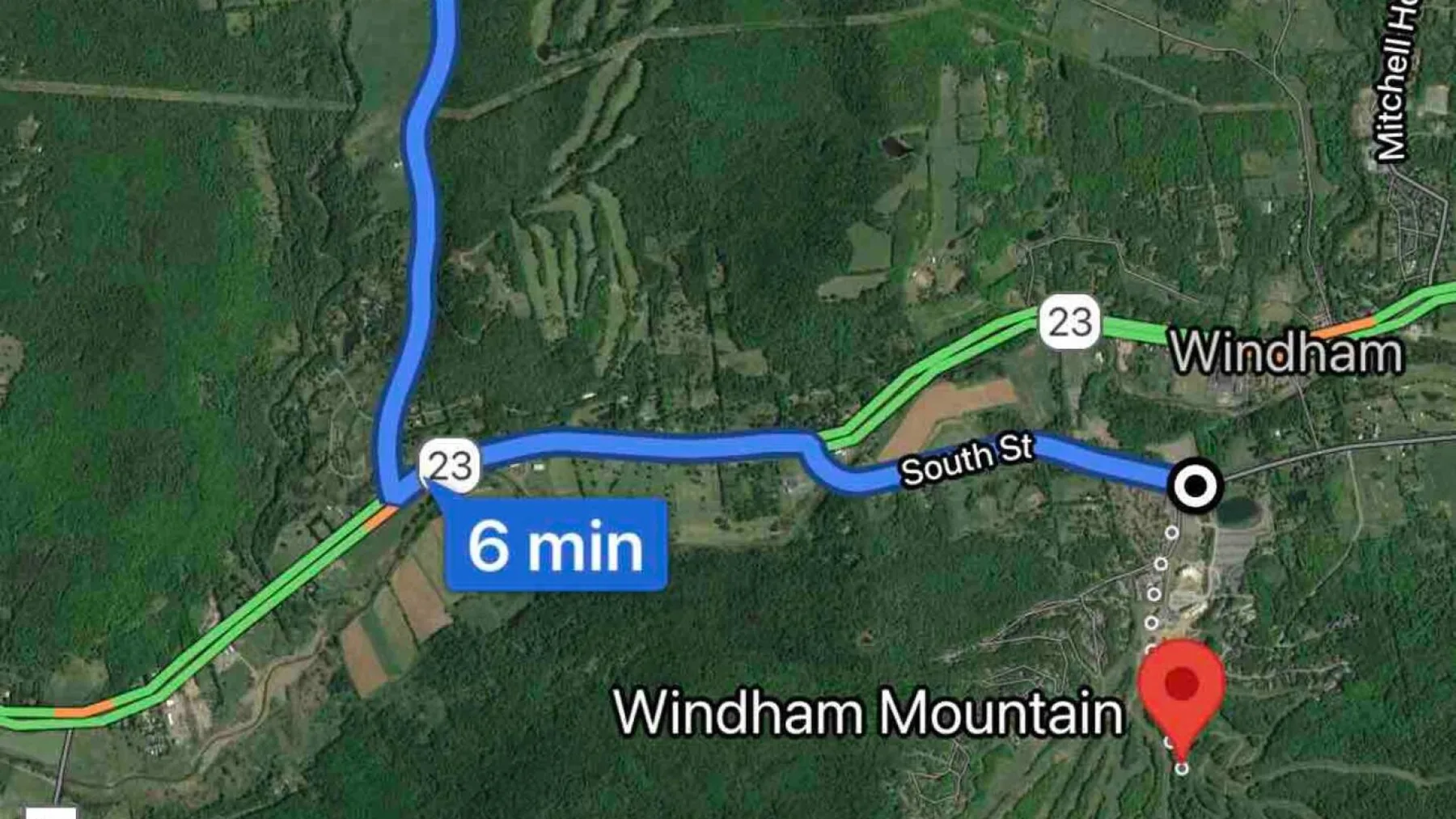 A map shows Windham Mountain and a nearby route through forested terrain.