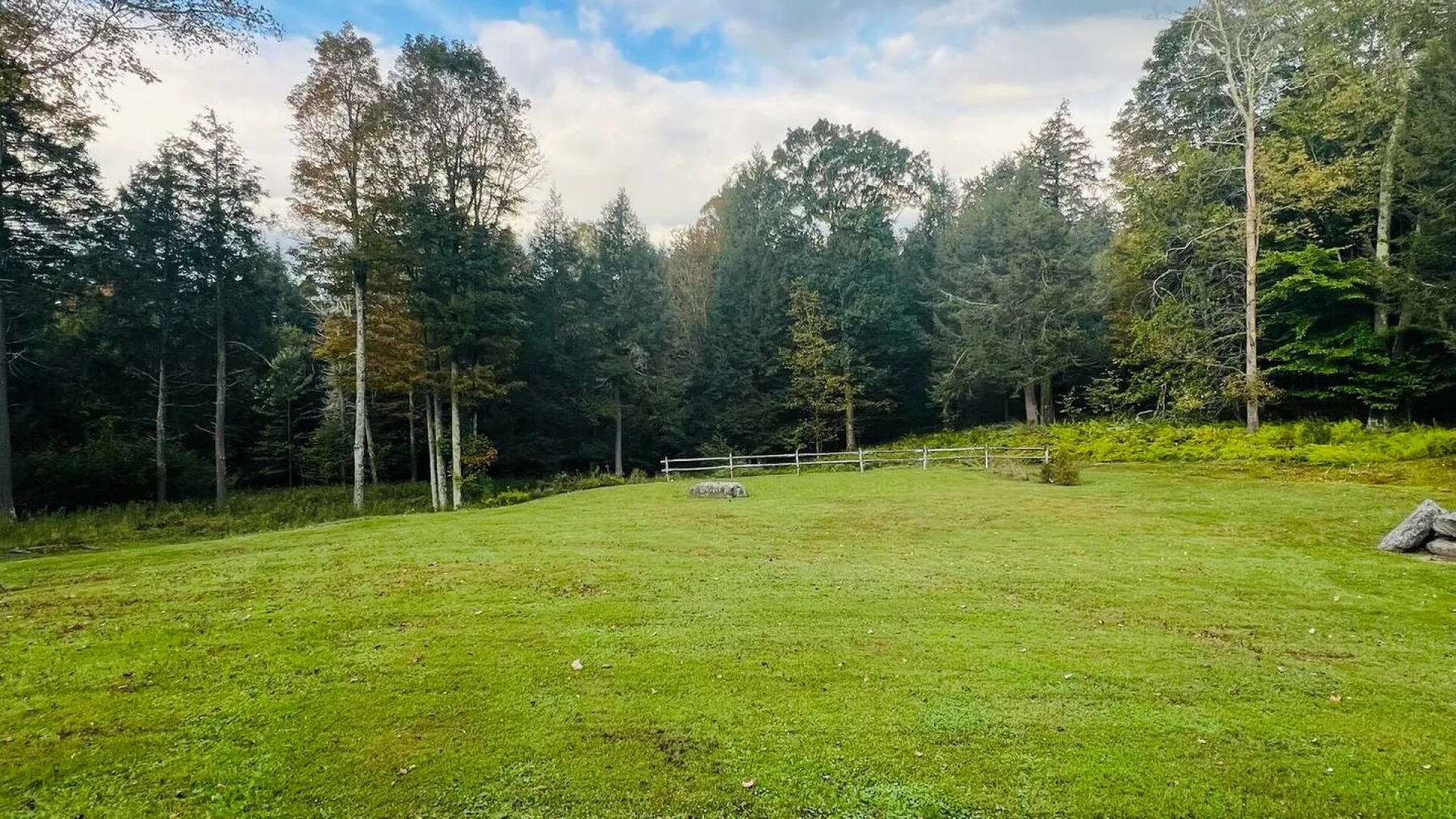 A broad grassy clearing bordered by trees beneath a partly cloudy sky.