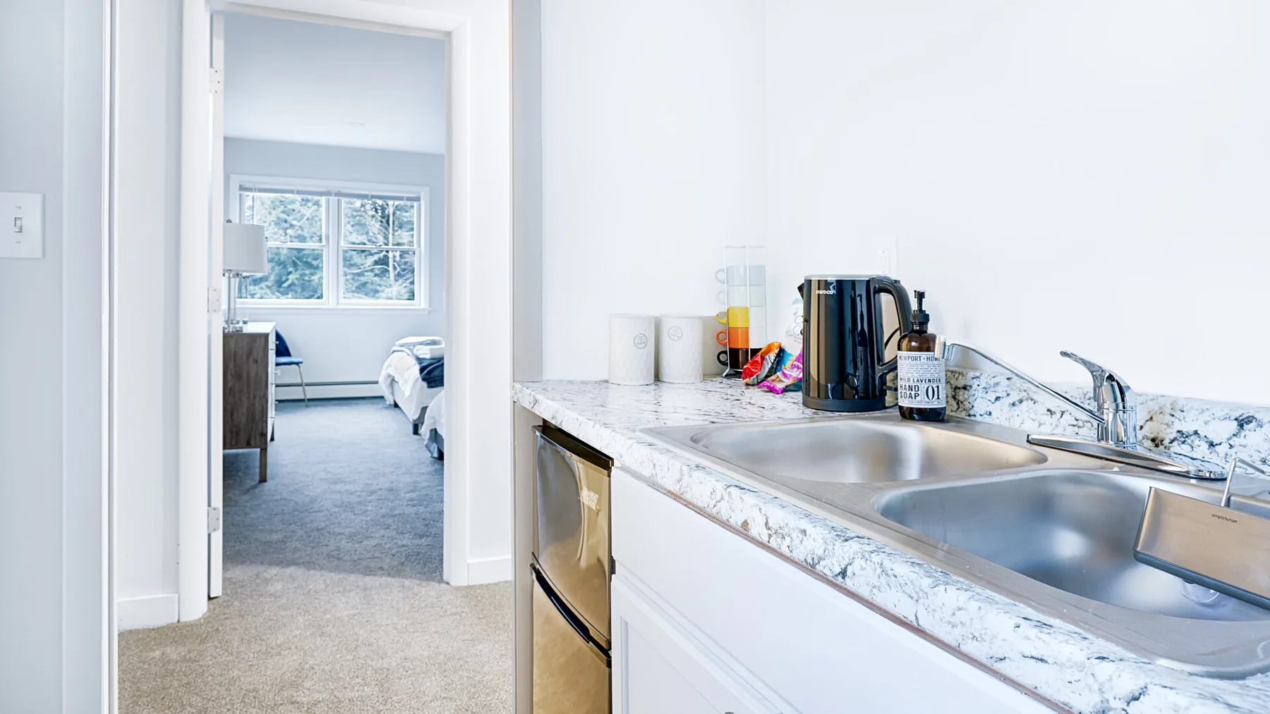 A kitchenette with a double sink and a bedroom visible through the doorway.