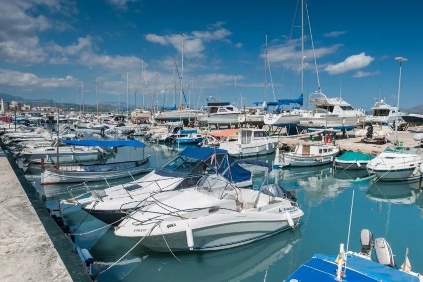 A marina filled with moored boats beneath a bright blue sky.