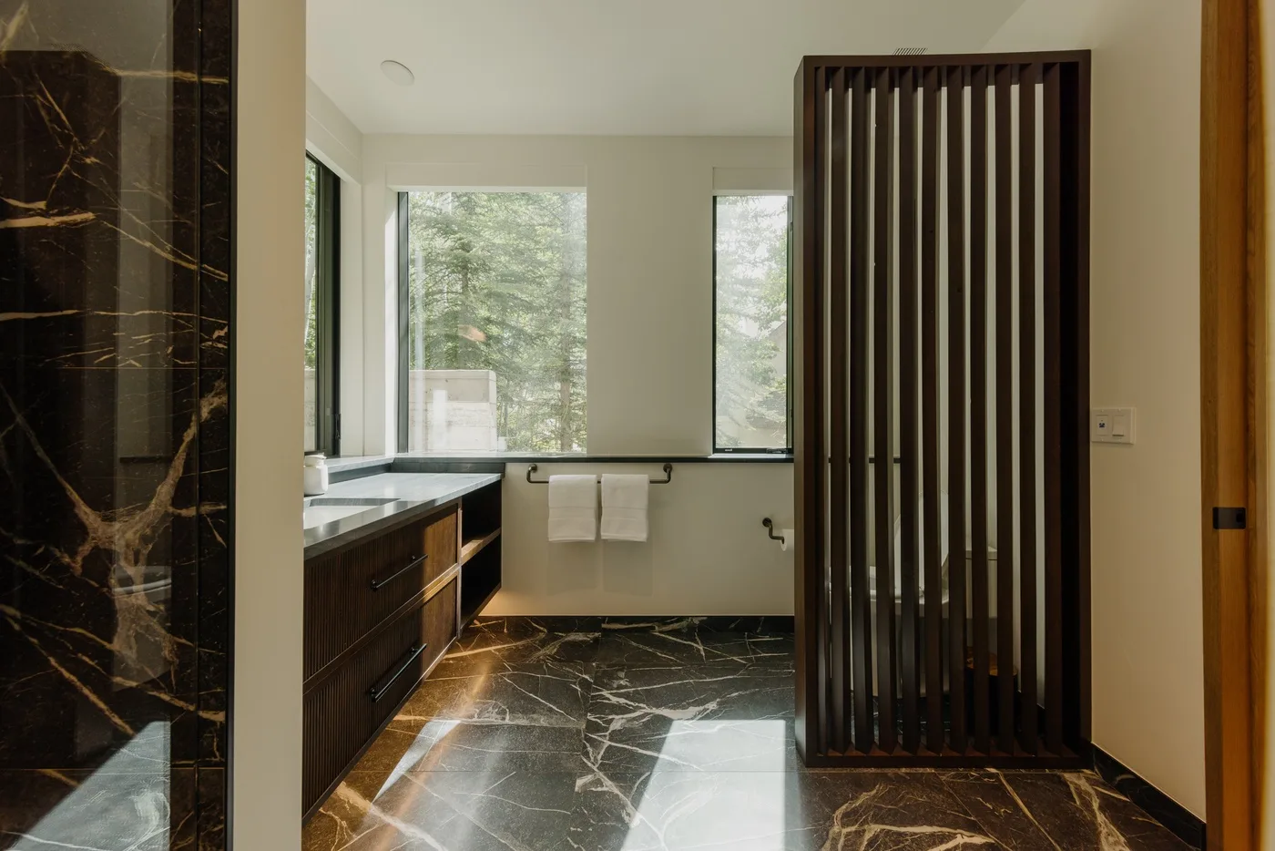 Un baño con un tocador oscuro, ventanas amplias y un separador de listones.