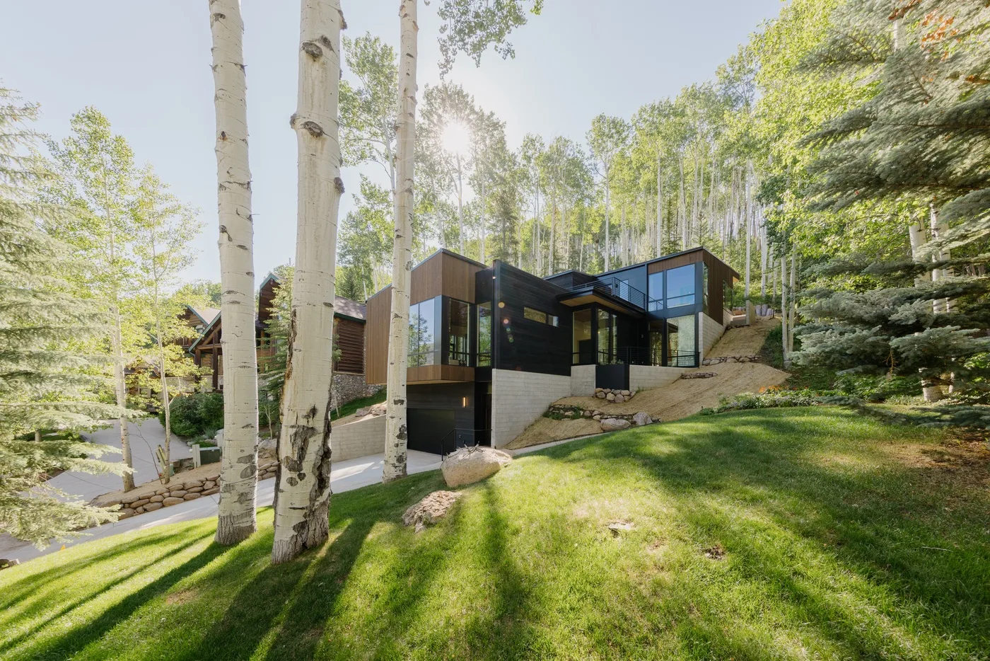 Una casa moderna se encuentra en una ladera cubierta de césped entre árboles altos.