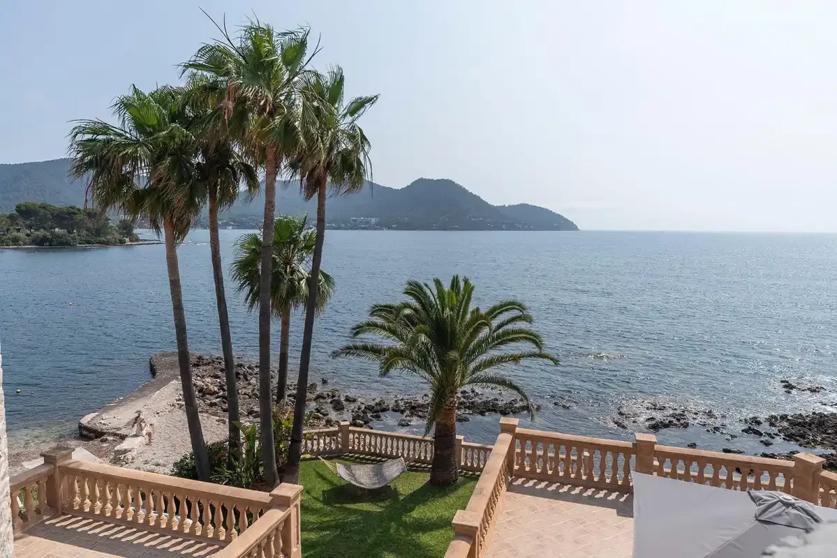 A seaside terrace overlooks the water, with palm trees and a balustrade.