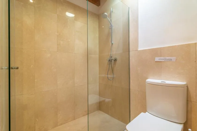 Un baño con azulejos, una ducha de vidrio y un inodoro.