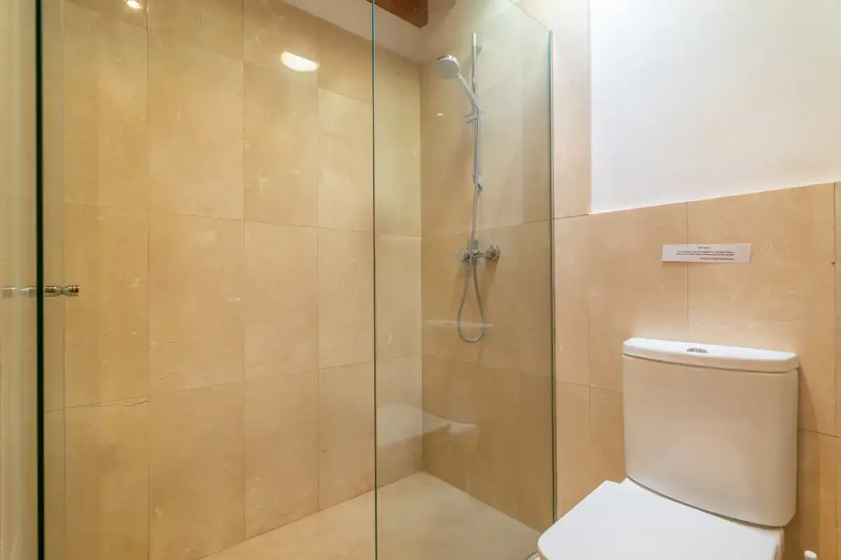 Un baño alicatado con ducha de vidrio e inodoro.