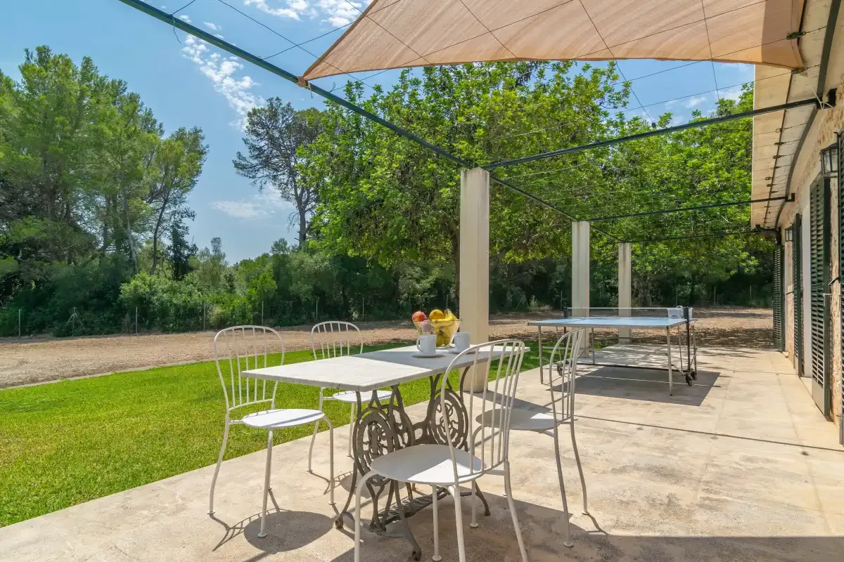 Una zona de comedor en el patio con una mesa y sillas junto al césped.