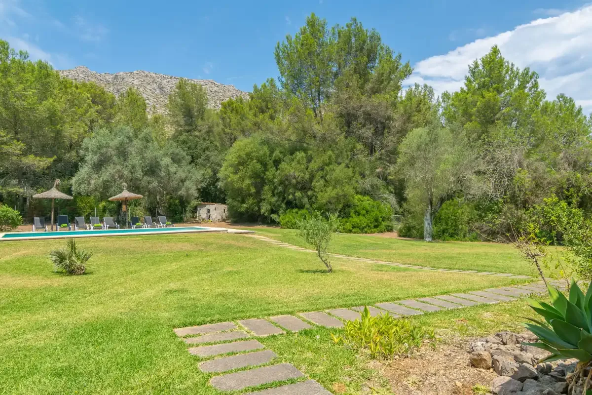 Un jardín ajardinado con piscina y un camino de losas.