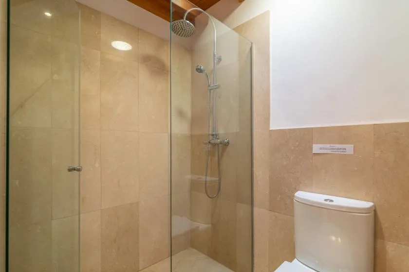 Un baño con azulejos, ducha de cristal e inodoro.