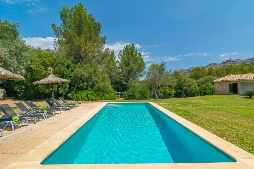 Una piscina al aire libre junto a un césped y asientos a la sombra.