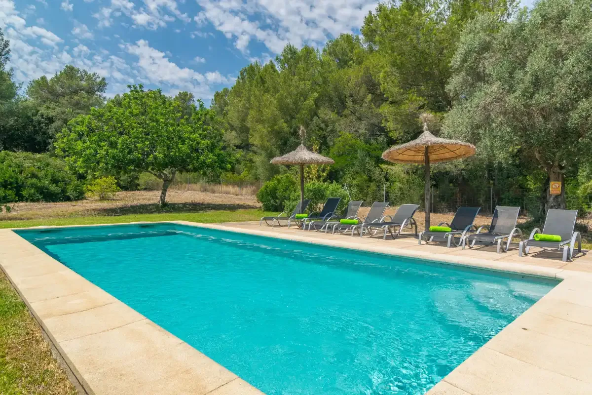 Una piscina al aire libre está rodeada de asientos reclinables y vegetación.