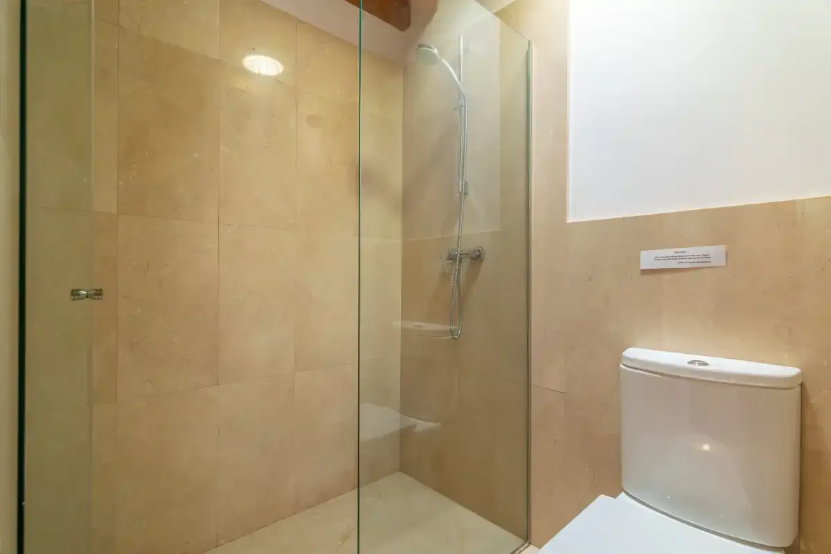 Un baño alicatado con ducha de cristal e inodoro.