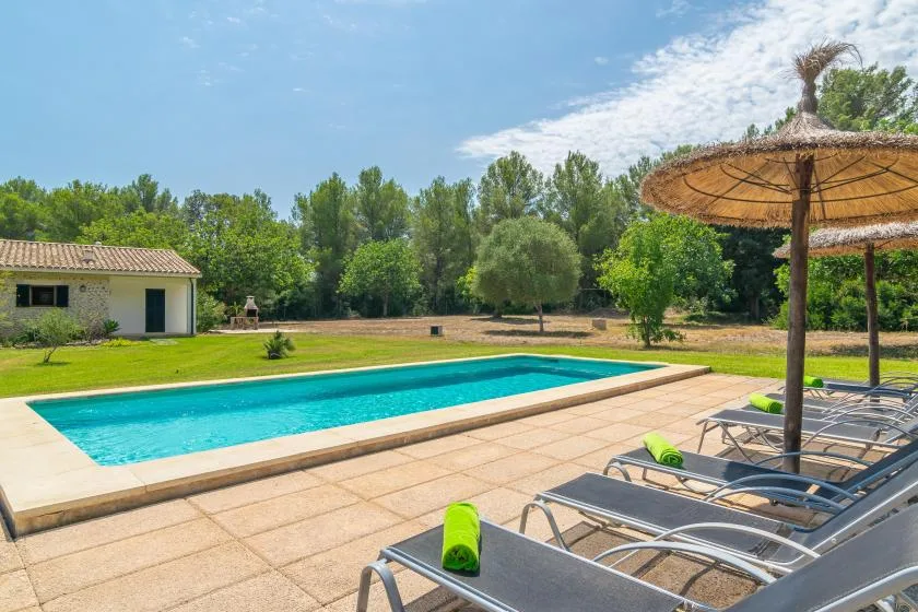 Una piscina al aire libre junto a una zona pavimentada para tomar el sol y un jardín.
