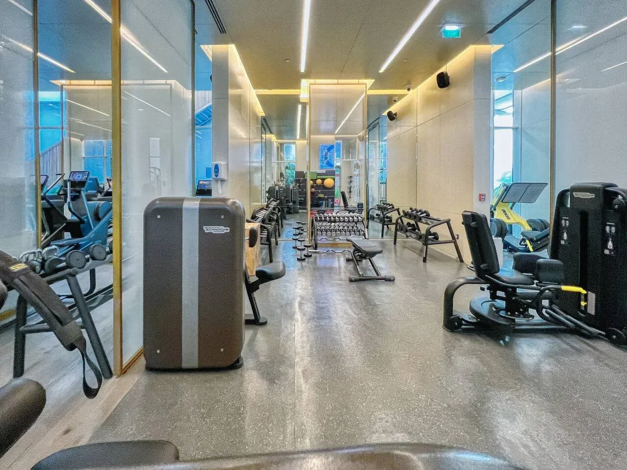 Un gimnasio moderno con máquinas de ejercicio y equipos de entrenamiento con pesas.