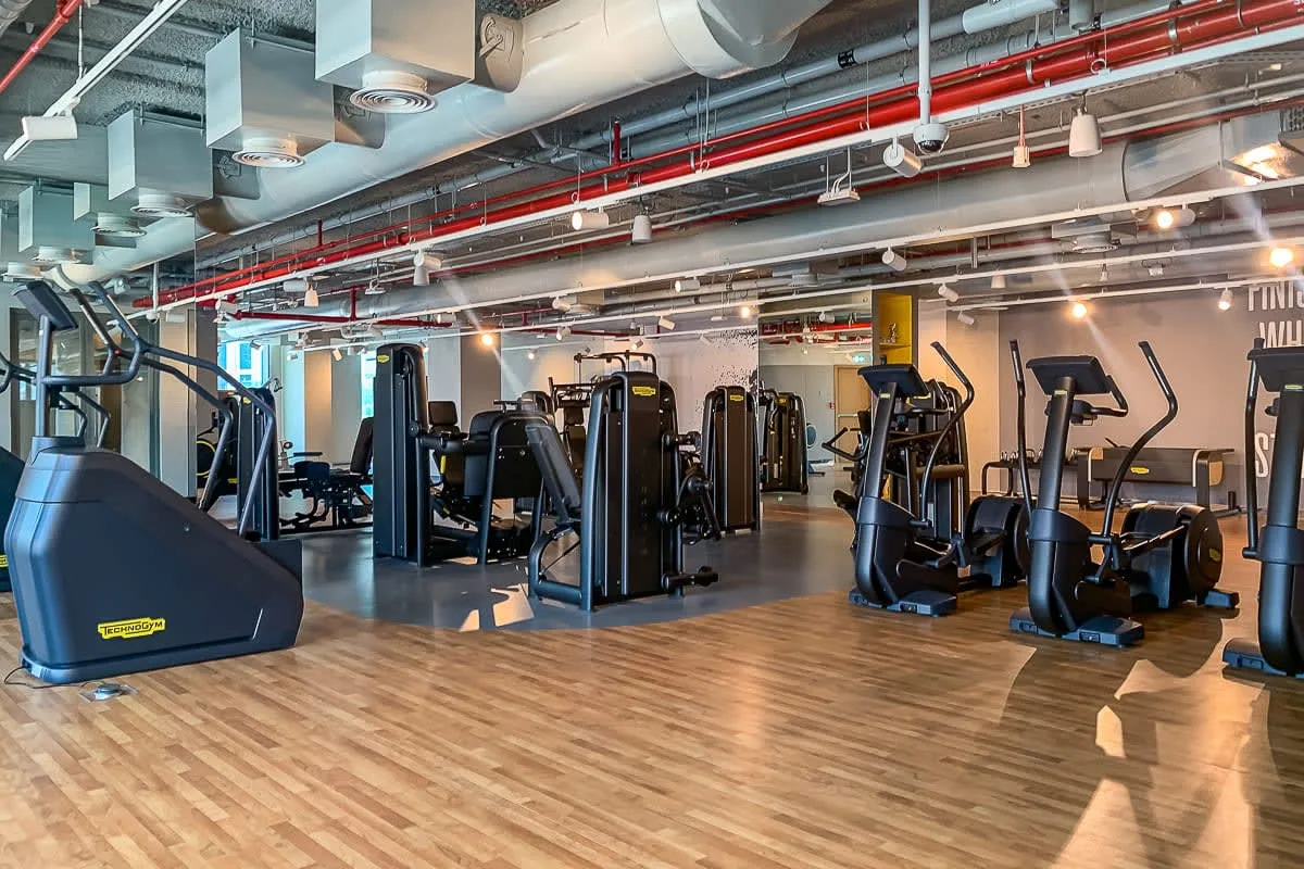 Un gimnasio con máquinas de ejercicio distribuidas sobre un área de entrenamiento con piso de madera.