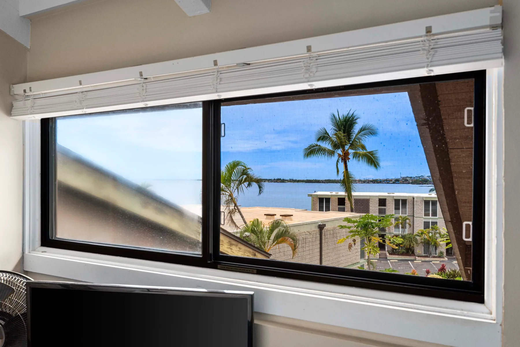 Una ventana amplia da a una playa bordeada de palmeras y edificios cercanos.