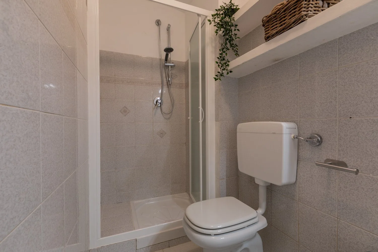 Un baño alicatado con ducha e inodoro.