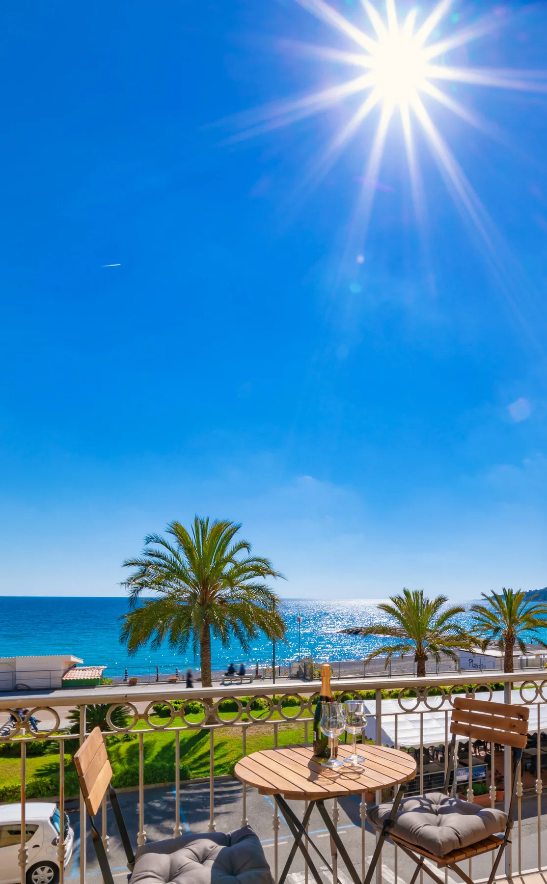 A sunny seaside patio overlooks the ocean, with palm trees along the shore.