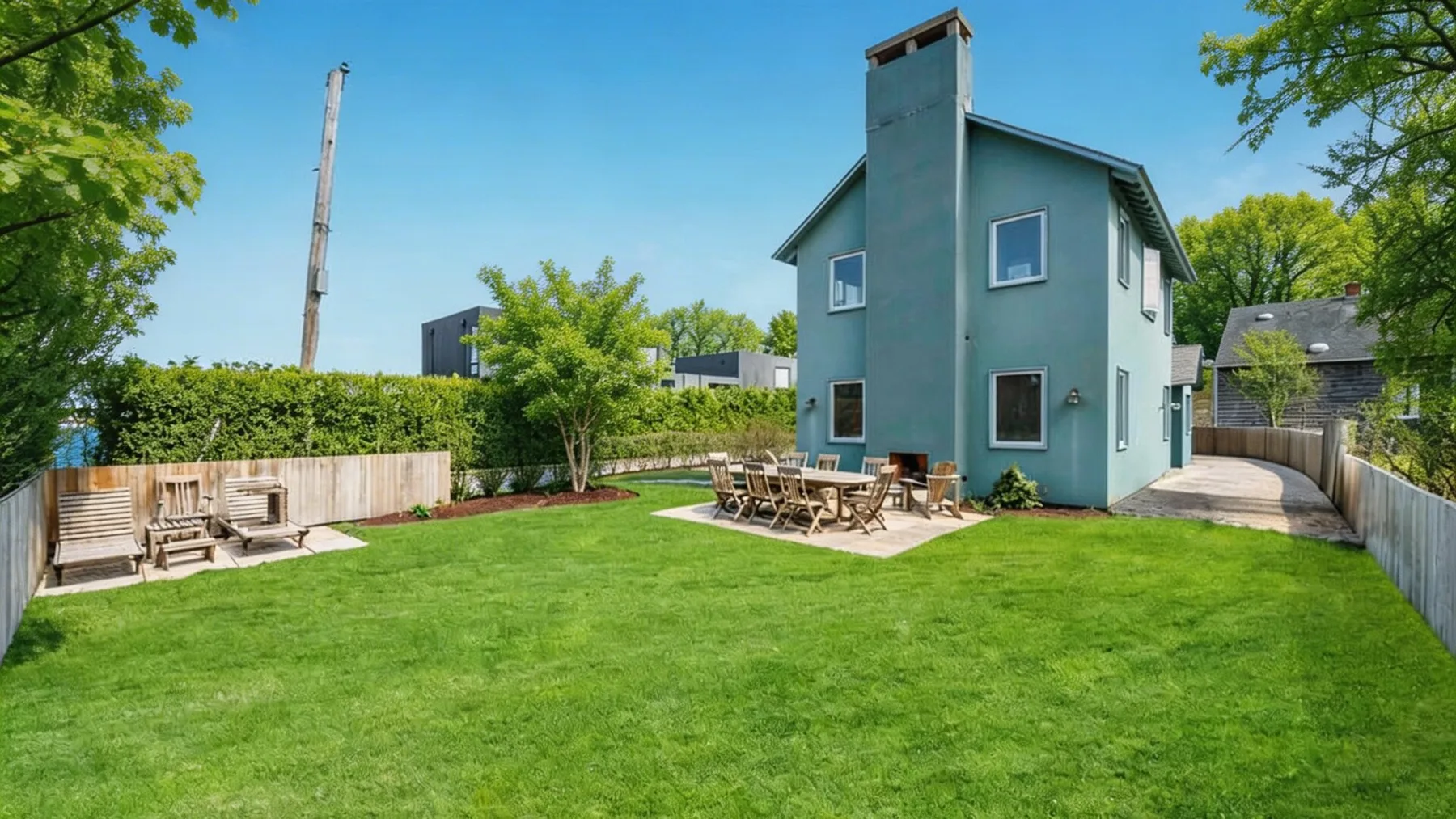Una casa moderna se encuentra junto a un amplio césped verde, con asientos al aire libre cerca de la cerca.