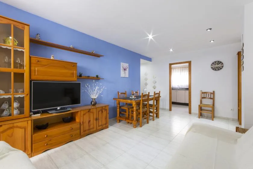 A bright living and dining area with wooden furniture and a television.