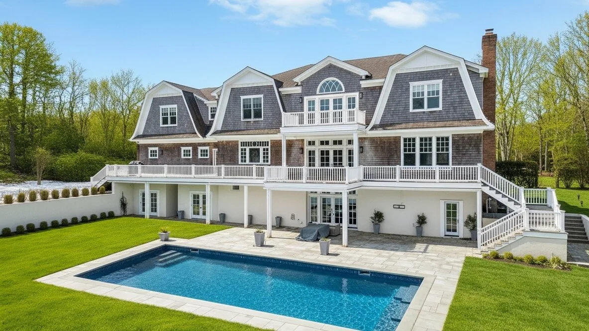 Una casa grande con piscina y césped ajardinado.