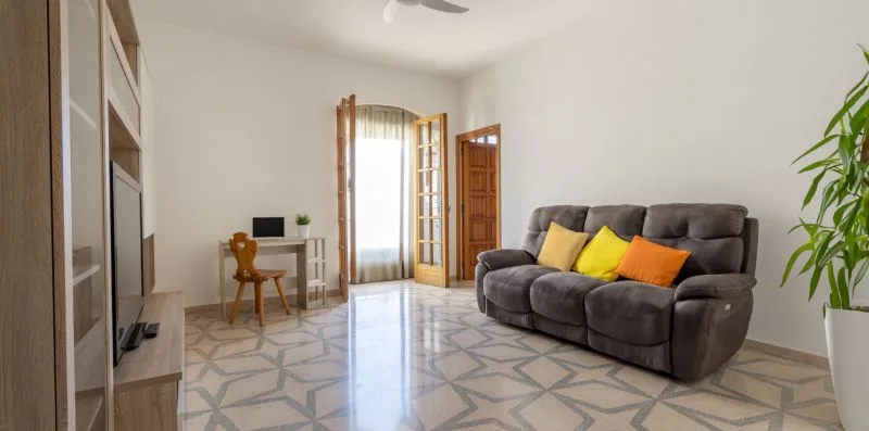 Sala de estar con un sofá oscuro, cojines de colores y suelo de baldosas estampadas.