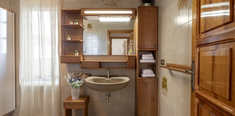 Un baño con lavabo, espejo y armarios de madera.
