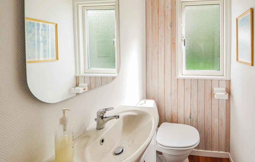 A bright bathroom with a sink, toilet, and frosted windows.