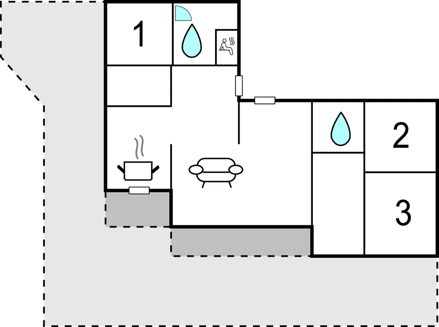 A floor plan shows a central seating area beside a small kitchen and numbered rooms.