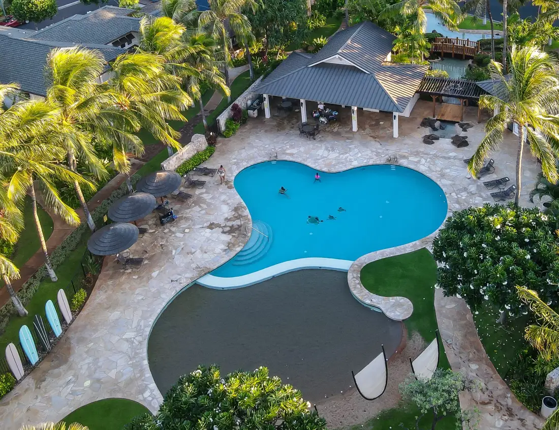 Una piscina al aire libre está junto a un pabellón techado y palmeras.