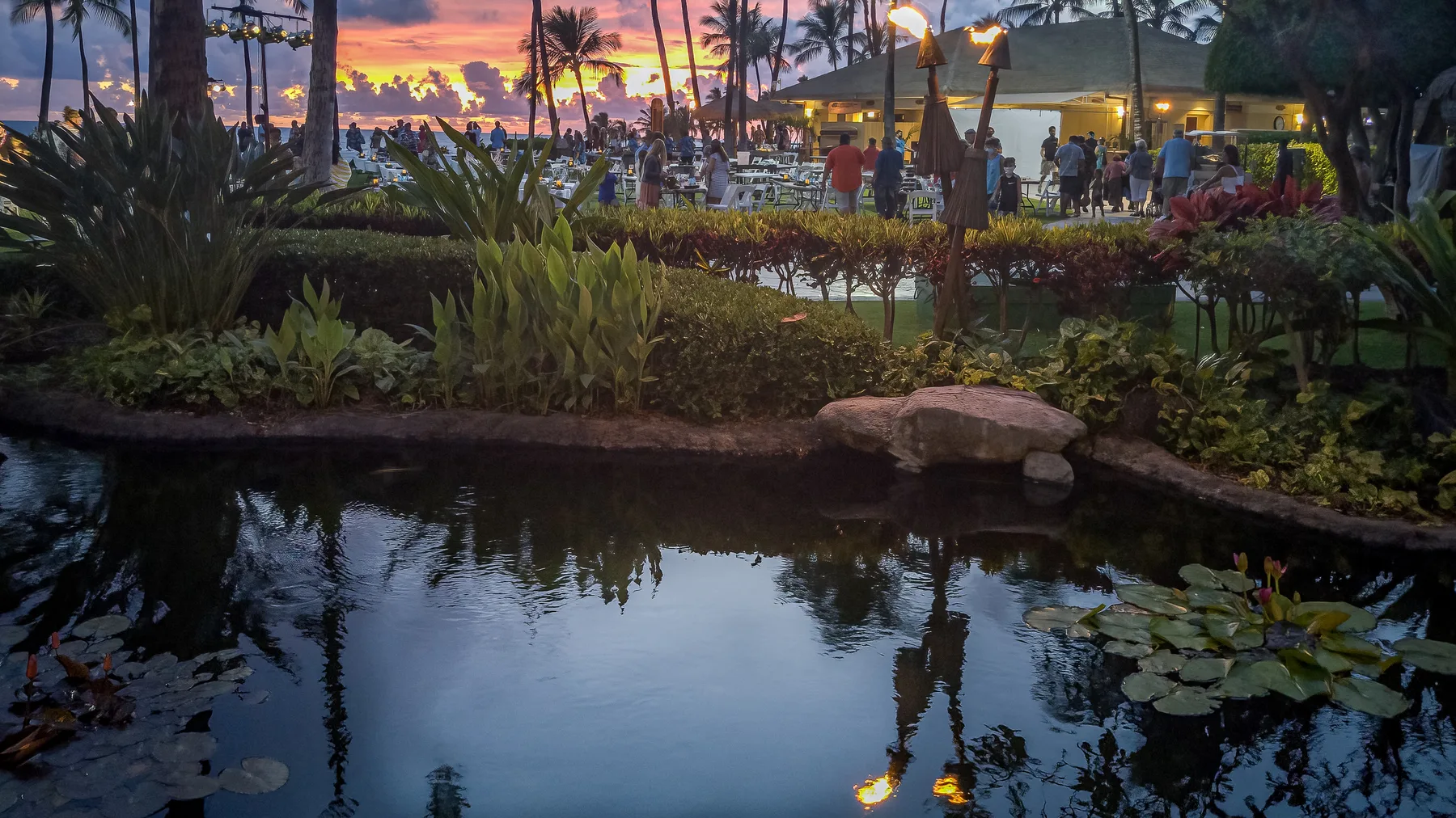 Un estanque ajardinado refleja palmeras y luces cálidas al atardecer.