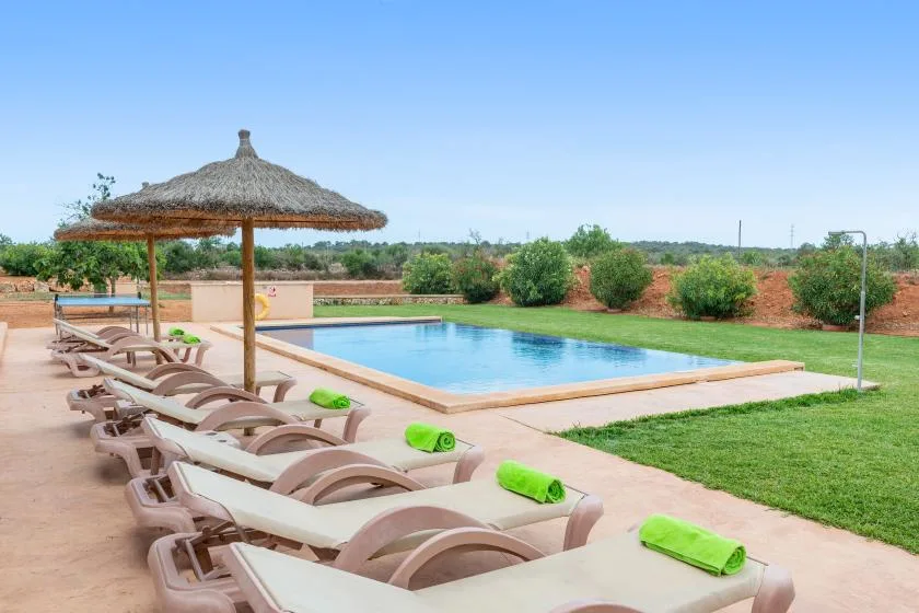 Piscina al aire libre con asientos reclinables bajo una sombrilla de techo de paja.