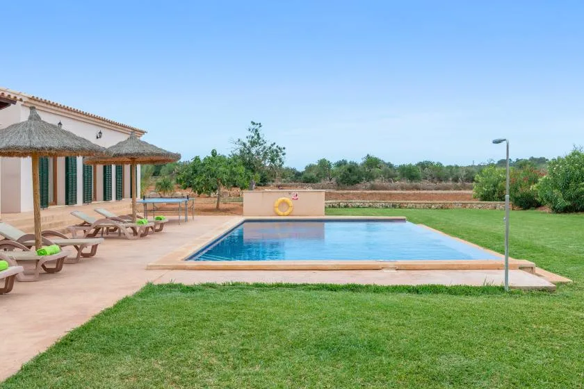 Una piscina al aire libre está junto al césped, con asientos de descanso en el patio.