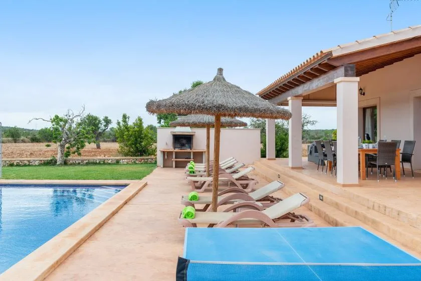 Un patio junto a la piscina tiene tumbonas bajo una sombrilla de techo de paja.