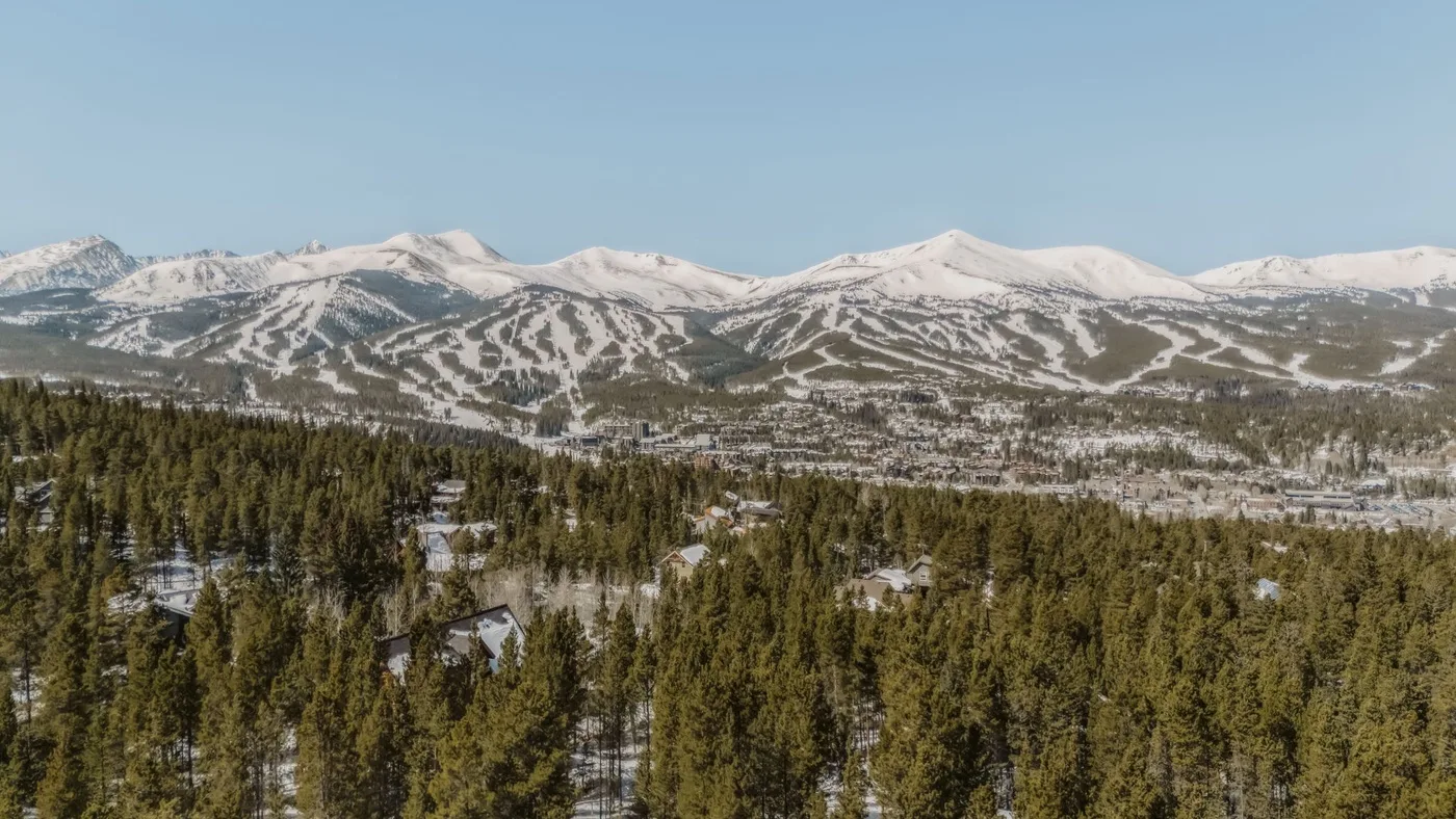 A snow-covered mountain range rises above a forested landscape beneath a clear sky.