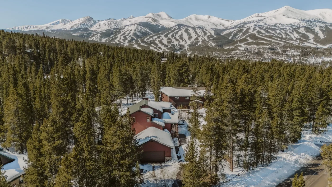 Aerial view of buildings among snowy trees, with snow-covered mountains in the distance.