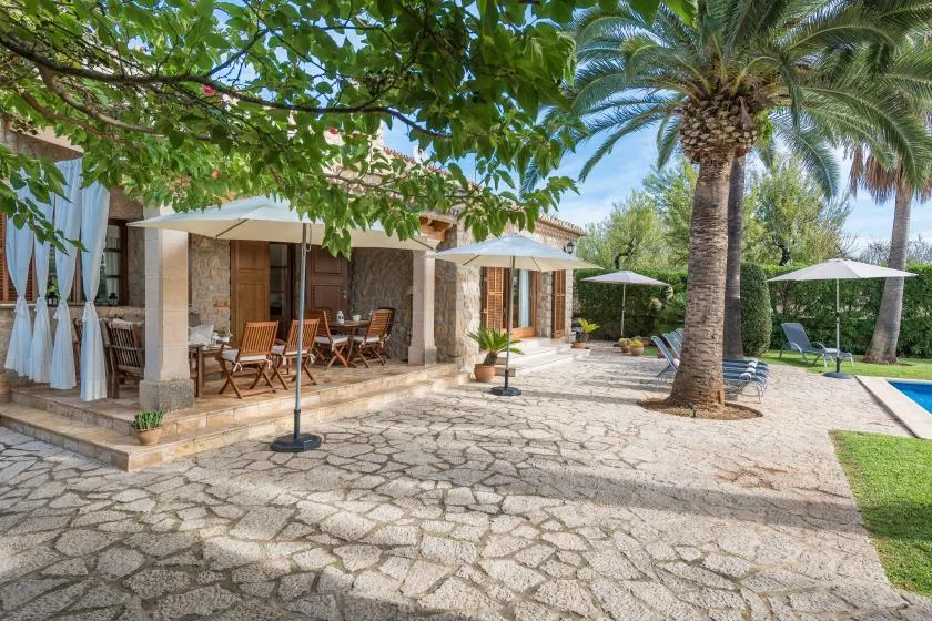 A paved outdoor patio with dining seating, umbrellas, and palm trees.