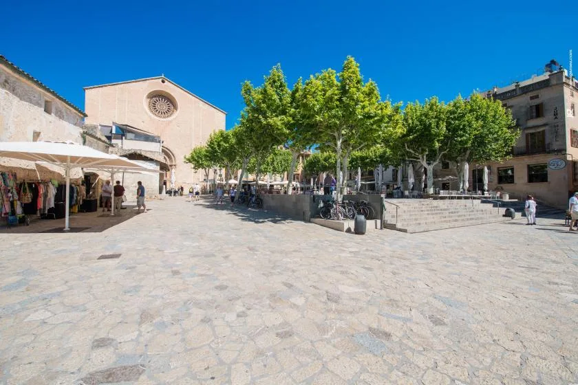 Una plaza soleada tiene pavimento de piedra, árboles frondosos y puestos de mercado.