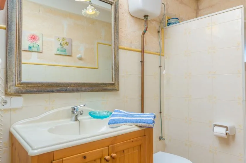Un lavabo y mueble de baño están junto a una zona de ducha alicatada.