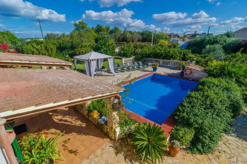 Una piscina al aire libre está junto a un patio pavimentado, vegetación y asientos reclinables.